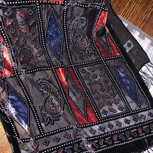 scarf of red n blue velvet on a black sheer background. 20" x 60"